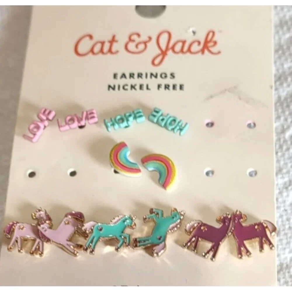 Cat & Jack Girls Earrings Stud Nickel Free Rainbows Unicorns 6 Pairs